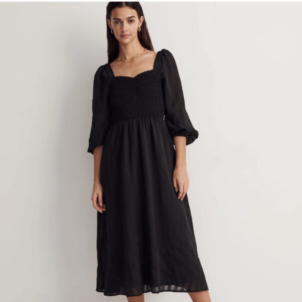 NWT Madewell Lucie Sweetheart Midi Dress Black Stripe Smocked Small